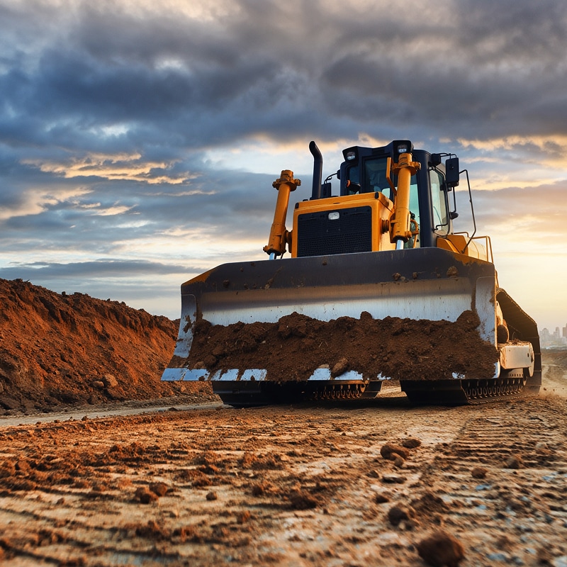 Puissant bulldozer jaune effectuant des travaux de terrassement au coucher du soleil. Lame chargée de terre sur sol boueux.