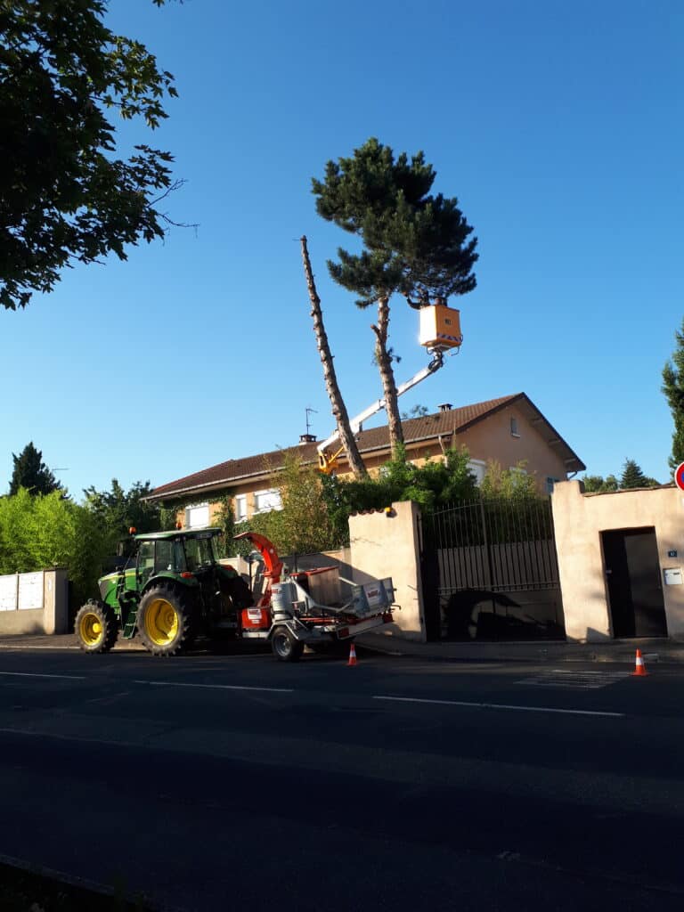 Élagage professionnel d'arbres avec tracteur et nacelle Élagage d'un grand pin avec nacelle devant une maison, tracteur John Deere et broyeur Bugnot en action.