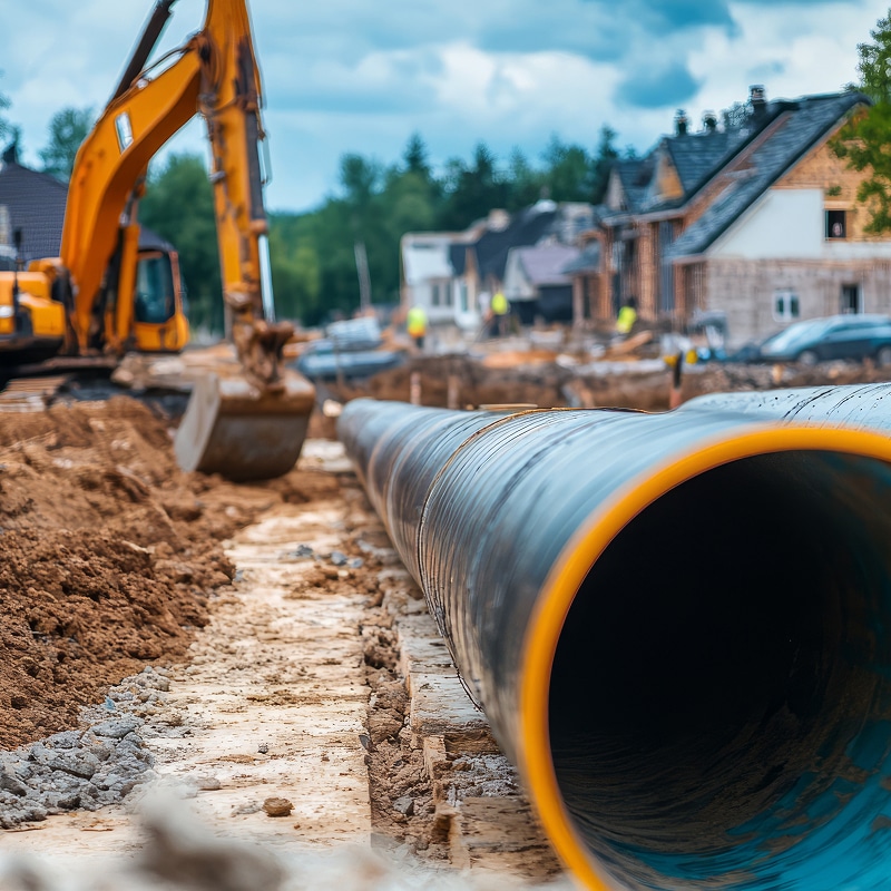 Travaux de construction : installation d'un pipeline en fouille Pipeline de drainage noir dans une tranchée de fouille. Une excavatrice orange travaille en arrière-plan sur un chantier résidentiel.