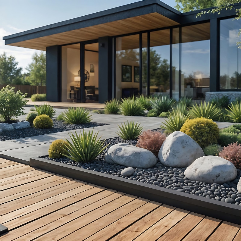Terrasse en bois: créez votre jardin balcon luxuriant. Balcon ensoleillé avec plancher en bois, parterre de fleurs roses et jaunes luxuriantes. Fauteuil moderne gris, vue sur la ville.
