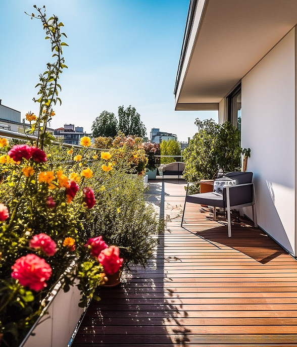 Terrasse en bois: créez votre jardin balcon luxuriant. Balcon ensoleillé avec plancher en bois, parterre de fleurs roses et jaunes luxuriantes. Fauteuil moderne gris, vue sur la ville.