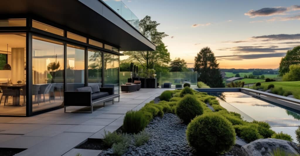 Terrasse moderne avec piscine et vue au coucher du soleil Maison contemporaine noire et vitrée au coucher du soleil. Grande terrasse pavée, piscine à débordement, vue panoramique sur champs verts.