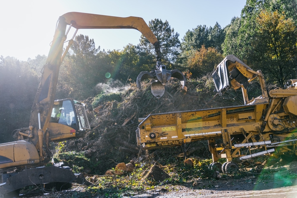 Broyeur de bois : Recyclage des déchets pour la biomasse. Excavatrice avec pince chargeant des branches et déchets de bois dans un déchiqueteur de biomasse industriel jaune. Opération forestière au soleil.