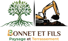 Logo Bonnet et Fils montrant un arbre vert et une pelleteuse jaune pour des travaux de paysage et terrassement.