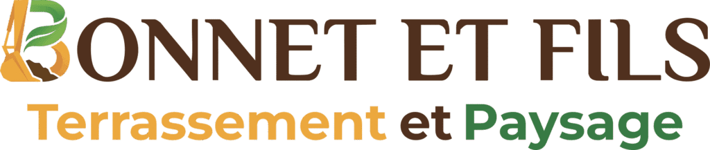 Logo Bonnet et Fils combinant une pelleteuse orange et une feuille verte pour le terrassement et le paysage.